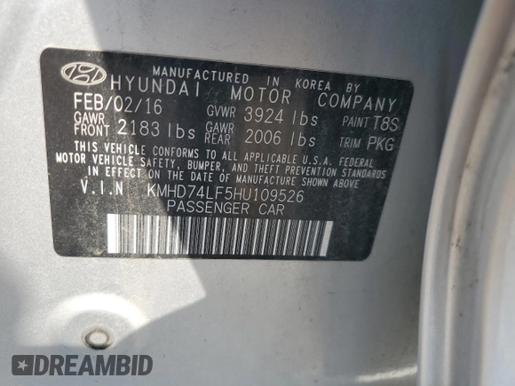 2017 Hyundai Elantra SE with VIN KMHD74LF5HU109526, listed as a Copart auction lot 63846475 with 125,035 mi miles and Clean title. Bid and sale history available at DreamBid. Image 12.