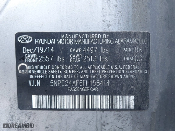 2015 Hyundai Sonata 2.4L SE with VIN 5NPE24AF6FH158414, listed as a IAAI auction lot 41829689 with 88,378 mi miles. Bid and sale history available at carsss.com. Image 9.