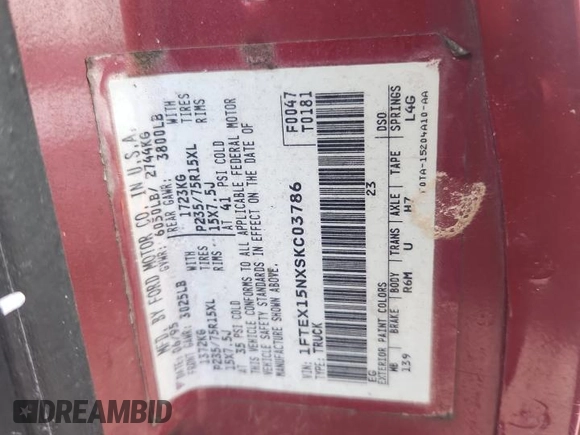 1995 Ford F-150 с VIN 1FTEX15NXSKC03786, выставлен на аукционе Copart как лот 61467235 с пробегом 217 040 миль миль и Чистый • Clean title. История ставок и продаж доступна на DreamBid. Изображение 12.