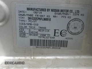 2015 Nissan Note SV with VIN 3N1CE2CP6FL360018, listed as a Copart auction lot 54950115 with 159,307 mi miles and Salvage title. Bid and sale history available at DreamBid. Image 12.