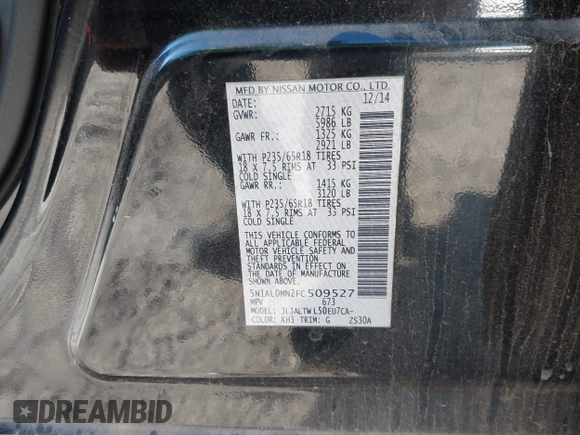 2015 Infiniti QX60 with VIN 5N1AL0MN2FC509527, listed as a IAAI auction lot 41167418 with 169,304 mi miles and . Bid and sale history available at DreamBid. Image 9.