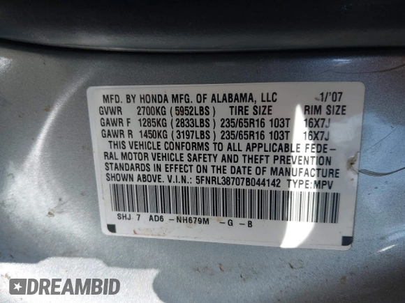 2007 Honda Odyssey EX-L with VIN 5FNRL38707B044142, listed as a IAAI auction lot 42094414 with 173,963 mi miles. Bid and sale history available at carsss.com. Image 9.