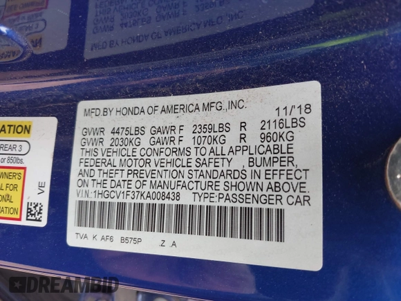 2019 Honda Accord Sport with VIN 1HGCV1F37KA008438, listed as a IAAI auction lot 41840666 with 99,895 mi miles and . Bid and sale history available at DreamBid. Image 9.
