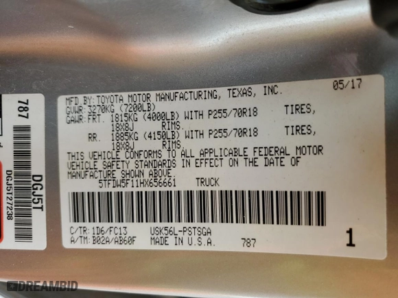 2017 Toyota Tundra 4WD SR5 with VIN 5TFDW5F11HX656661, listed as a Copart auction lot 47361715 with 208,759 mi miles and Salvage Title. Bid and sale history available at carsss.com. Image 12.