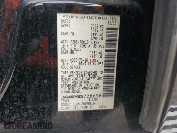 2019 Nissan Frontier SV z VIN 1N6AD0EV8KN728696, wystawiony jako Copart lot #54712705 z przebiegiem 85 462 mil mil oraz Szkoda całkowita • Salvage title. Historia ofert i sprzedaży dostępna na DreamBid. Obrazek 12.