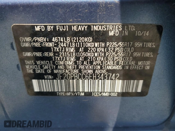 2014 Subaru Crosstrek with VIN JF2GPBCC6EH343742, listed as a Copart auction lot 58009815 with 131,085 mi miles and Salvage title. Bid and sale history available at DreamBid. Image 13.
