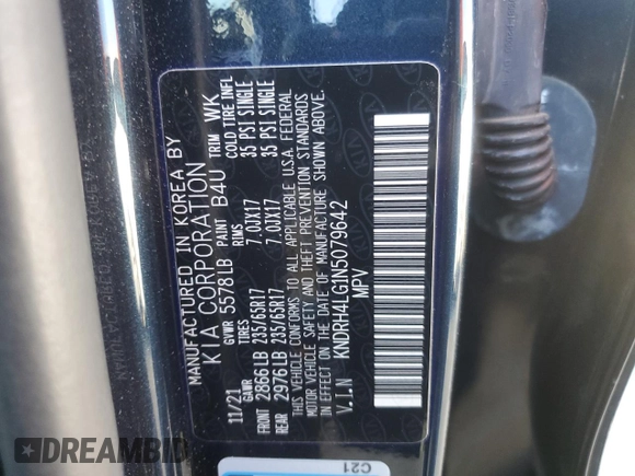 2022 Kia Sorento EX with VIN KNDRH4LG1N5079642, listed as a Copart auction lot 89383905 with 23,307 mi miles and Salvage title. Bid and sale history available at DreamBid. Image 12.