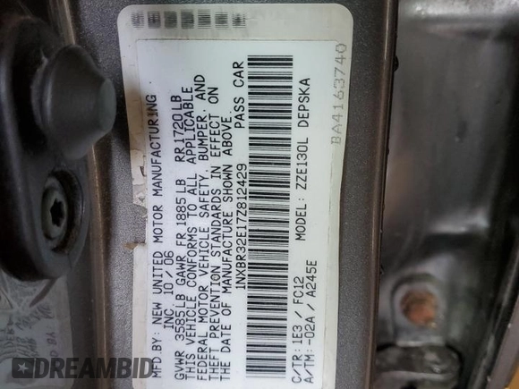 2007 Toyota Corolla CE with VIN 1NXBR32E17Z812429, listed as a Copart auction lot 61010905 with 168,123 mi miles and Non repairable. Bid and sale history available at DreamBid. Image 12.