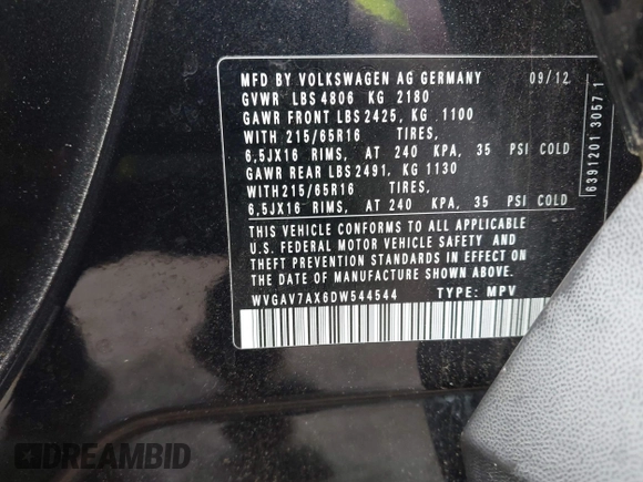 2013 Volkswagen Tiguan SE with VIN WVGAV7AX6DW544544, listed as a IAAI auction lot 42362914 with 119,754 mi miles and . Bid and sale history available at DreamBid. Image 9.