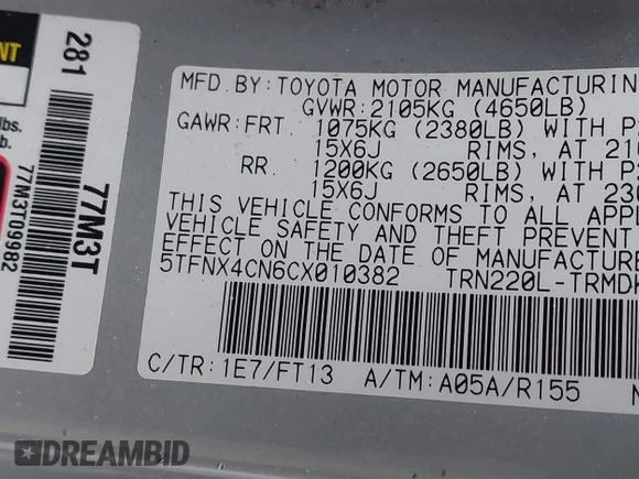 2012 Toyota Tacoma with VIN 5TFNX4CN6CX010382, listed as a IAAI auction lot 41863659 with 66,468 mi miles and . Bid and sale history available at DreamBid. Image 9.