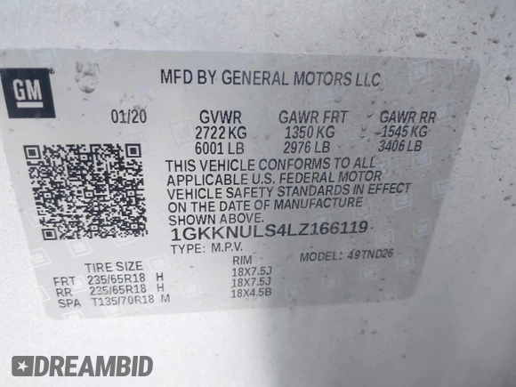 2020 GMC Acadia SLT with VIN 1GKKNULS4LZ166119, listed as a IAAI auction lot 42109378 with 58,921 mi miles and . Bid and sale history available at DreamBid. Image 9.