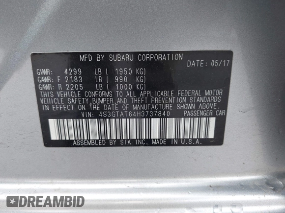 2017 Subaru Impreza Limited with VIN 4S3GTAT64H3737840, listed as a IAAI auction lot 42326049 with 108,755 mi miles and . Bid and sale history available at DreamBid. Image 9.