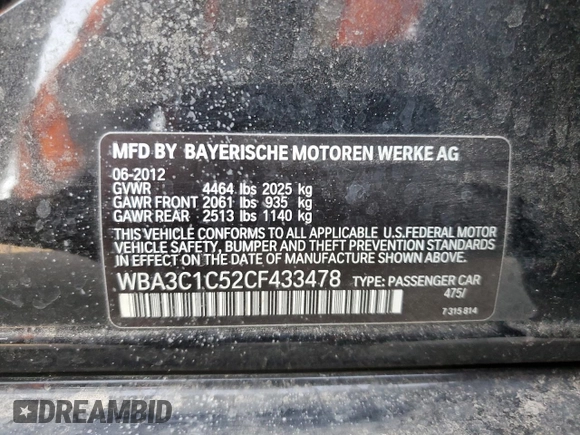 2012 BMW 3 Series 328i with VIN WBA3C1C52CF433478, listed as a Copart auction lot 76740274 with 126,893 mi miles and Salvage title. Bid and sale history available at DreamBid. Image 12.