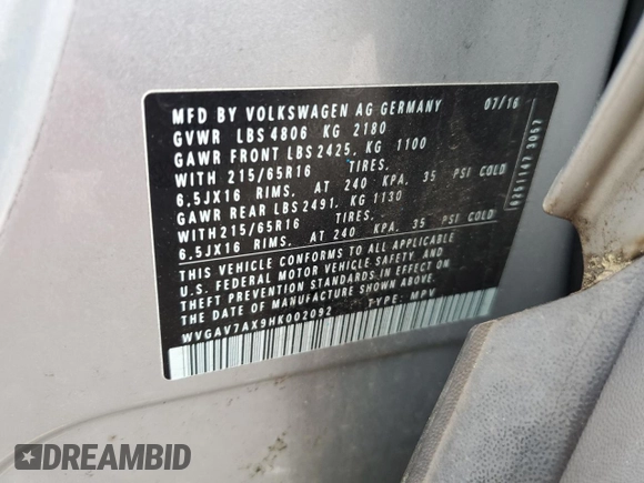 2017 Volkswagen Tiguan S with VIN WVGAV7AX9HK002092, listed as a Copart auction lot 52210695 with 113,791 mi miles and Salvage Title. Bid and sale history available at DreamBid. Image 15.