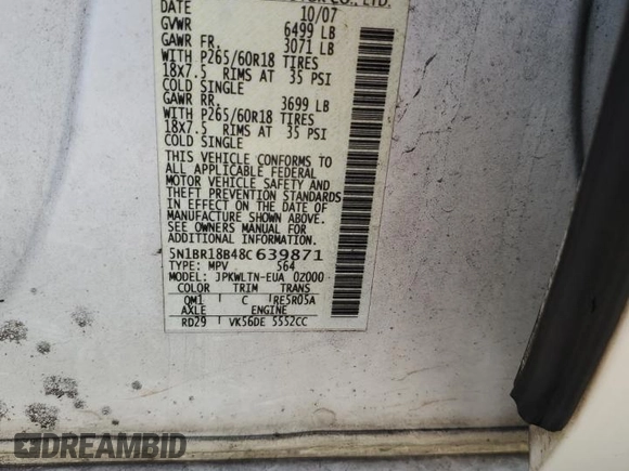2008 Nissan Pathfinder LE with VIN 5N1BR18B48C639871, listed as a Copart auction lot 80293664 with 205,926 mi miles and Salvage Title. Bid and sale history available at carsss.com. Image 14.