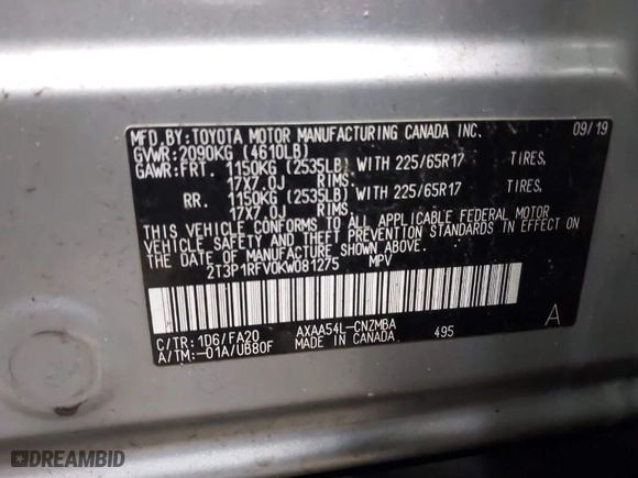 2019 Toyota RAV4 XLE with VIN 2T3P1RFV0KW081275, listed as a IAAI auction lot 41689832 with 72,963 mi miles. Bid and sale history available at carsss.com. Image 9.