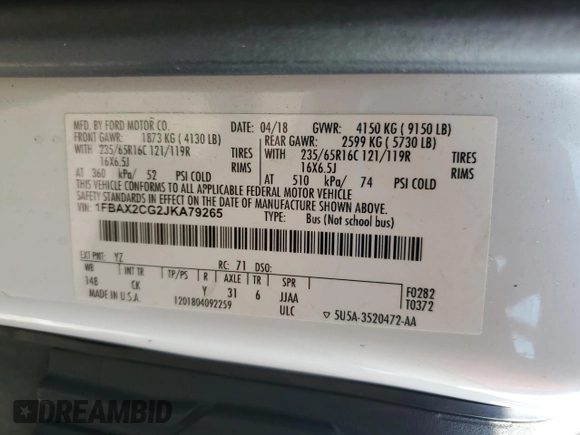 2018 Ford Transit Passenger XL с VIN 1FBAX2CG2JKA79265, выставлен на аукционе Copart как лот 58308425 с пробегом 75 071 миль миль и Списание • Salvage title. История ставок и продаж доступна на DreamBid. Изображение 13.