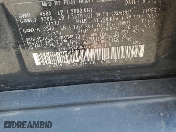2012 Subaru Outback Limited with VIN 4S4BRBKC8C3256158, listed as a Copart auction lot 60720405 with 189,568 mi miles and Clean title. Bid and sale history available at DreamBid. Image 13.