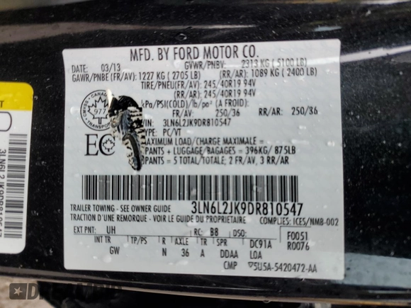2013 Lincoln MKZ with VIN 3LN6L2JK9DR810547, listed as a Copart auction lot 52345335 with 77,994 mi miles and Salvage Title. Bid and sale history available at carsss.com. Image 12.