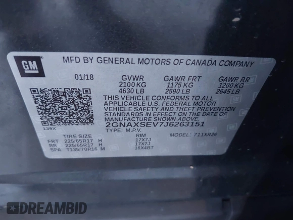 2018 Chevrolet Equinox LT with VIN 2GNAXSEV7J6263151, listed as a IAAI auction lot 40644330 with 136,428 mi miles. Bid and sale history available at carsss.com. Image 9.