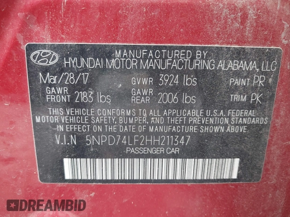 2017 Hyundai Elantra SE with VIN 5NPD74LF2HH211347, listed as a IAAI auction lot 42761333 with 159,219 mi miles and . Bid and sale history available at DreamBid. Image 9.