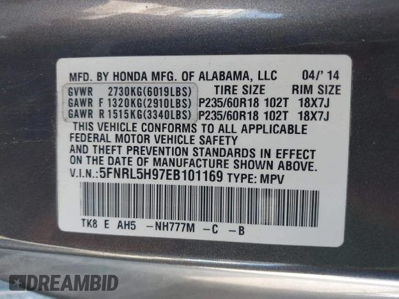 2014 Honda Odyssey Touring with VIN 5FNRL5H97EB101169, listed as a IAAI auction lot 41869233 with 142,147 mi miles and . Bid and sale history available at DreamBid. Image 9.