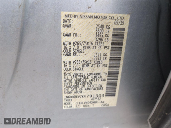 2019 Nissan Frontier SV z VIN 1N6DD0EV7KN791303, wystawiony jako Copart lot #56404525 z przebiegiem 42 891 mil mil oraz Szkoda całkowita • Salvage title. Historia ofert i sprzedaży dostępna na DreamBid. Obrazek 12.