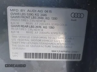 2015 Audi Q5 Premium Plus with VIN WA1LFAFP8FA129901, listed as a IAAI auction lot 41998617 with 109,008 mi miles and . Bid and sale history available at DreamBid. Image 9.