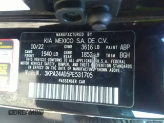 2023 Kia Rio S with VIN 3KPA24AD5PE531705, listed as a IAAI auction lot 39817112 with 73,997 mi miles. Bid and sale history available at carsss.com. Image 9.