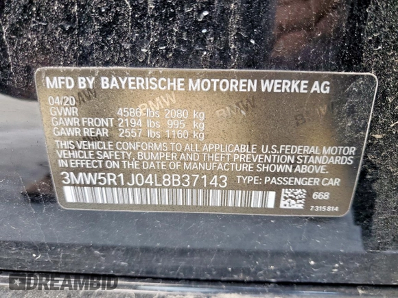 2020 BMW 3 Series 330i with VIN 3MW5R1J04L8B37143, listed as a Copart auction lot 58275205 with 29,938 mi miles and Salvage title. Bid and sale history available at DreamBid. Image 12.