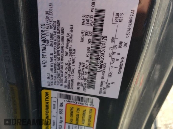 2019 Ford Mustang GT z VIN 1FA6P8CF2K5104120, wystawiony jako Copart lot #50182685 z przebiegiem Nie podano mil oraz Szkoda całkowita • Salvage title. Historia ofert i sprzedaży dostępna na DreamBid. Obrazek 13.