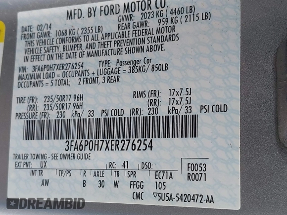 2014 Ford Fusion SE with VIN 3FA6P0H7XER276254, listed as a IAAI auction lot 41044752 with 189,238 mi miles. Bid and sale history available at carsss.com. Image 9.
