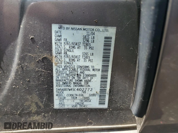 2005 Nissan Frontier LE with VIN 1N6AD07W45C402772, listed as a Copart auction lot 58621115 with 159,325 mi miles and Clean title. Bid and sale history available at DreamBid. Image 12.
