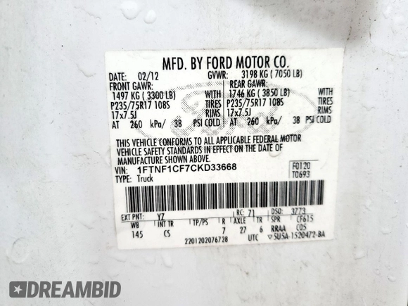 2012 Ford F-150 XL with VIN 1FTNF1CF7CKD33668, listed as a Copart auction lot 58847245 with 151,570 mi miles and Clean title. Bid and sale history available at DreamBid. Image 12.