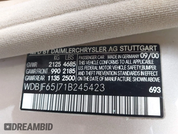 2001 Mercedes-Benz E 320 z VIN WDBJF65J71B245423, wystawiony jako IAAI lot #42117041 z przebiegiem 143 885 mil mil oraz . Historia ofert i sprzedaży dostępna na DreamBid. Obrazek 9.