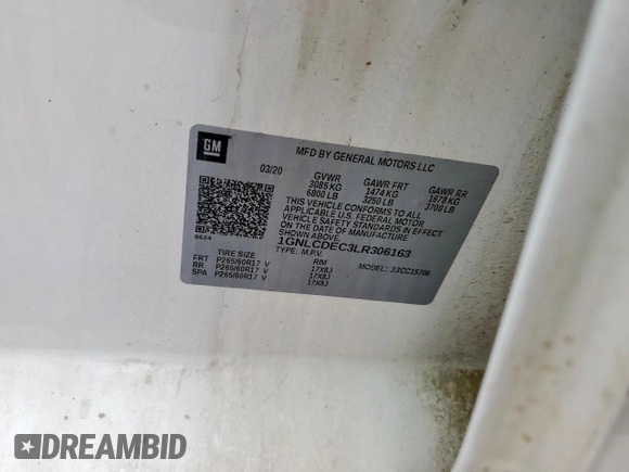 2020 Chevrolet Tahoe Commercial z VIN 1GNLCDEC3LR306163, wystawiony jako Copart lot #54062875 z przebiegiem Nie podano mil oraz Szkoda całkowita • Salvage title. Historia ofert i sprzedaży dostępna na DreamBid. Obrazek 12.