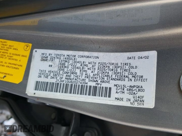2002 Lexus RX 300 with VIN JTJHF10U820274394, listed as a Copart auction lot 71036874 with 185,606 mi miles and Clean Title. Bid and sale history available at carsss.com. Image 14.