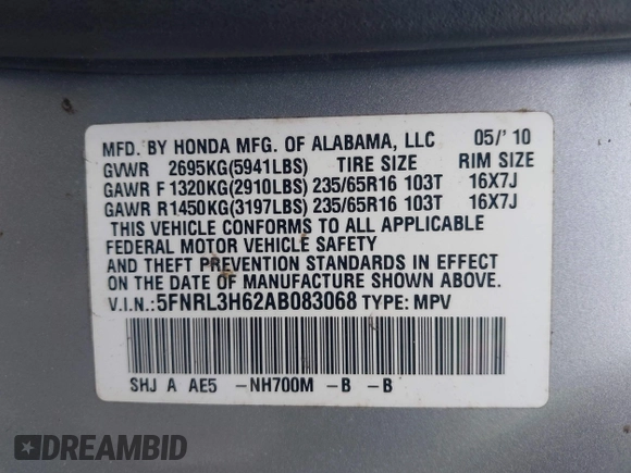 2010 Honda Odyssey EX-L with VIN 5FNRL3H62AB083068, listed as a IAAI auction lot 41950383 with 134,150 mi miles. Bid and sale history available at carsss.com. Image 9.
