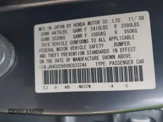 2009 Acura TSX z VIN JH4CU26609C033244, wystawiony jako IAAI lot #42400966 z przebiegiem 80 487 mil mil oraz . Historia ofert i sprzedaży dostępna na DreamBid. Obrazek 9.