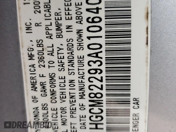 2003 Honda Accord LX with VIN 1HGCM82293A010640, listed as a Copart auction lot 57704605 with 161,551 mi miles and Clean title. Bid and sale history available at DreamBid. Image 12.