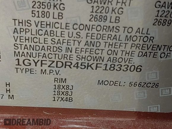 2019 Cadillac XT4 AWD Premium Luxury with VIN 1GYFZDR45KF183306, listed as a IAAI auction lot 42136598 with 44,657 mi miles and . Bid and sale history available at carsss.com. Image 9.