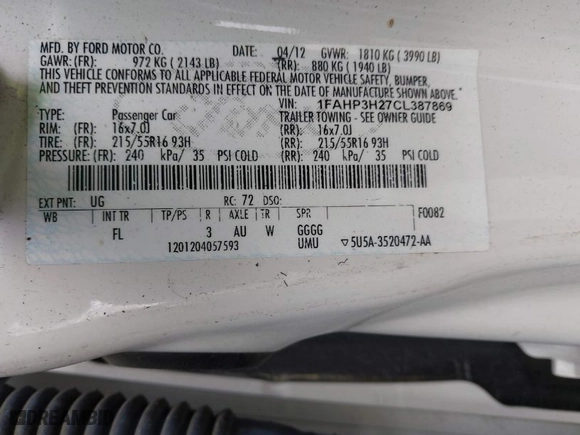 2012 Ford Focus SEL with VIN 1FAHP3H27CL387869, listed as a IAAI auction lot 41976528 with 106,927 mi miles. Bid and sale history available at carsss.com. Image 9.