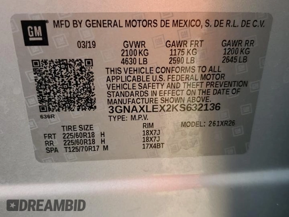 2019 Chevrolet Equinox LT with VIN 3GNAXLEX2KS632136, listed as a Copart auction lot 53993935 with 48,020 mi miles and Non Repairable. Bid and sale history available at DreamBid. Image 13.