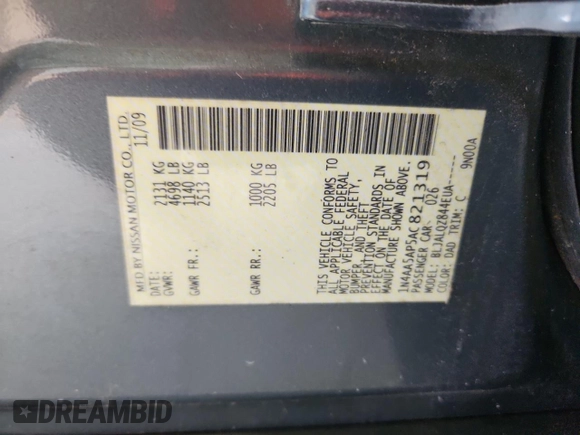 2010 Nissan Maxima SV with VIN 1N4AA5AP5AC821319, listed as a Copart auction lot 63643115 with 221,059 mi miles and Clean title. Bid and sale history available at DreamBid. Image 12.