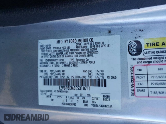 2014 Ford Mustang V6 with VIN 1ZVBP8EM6E5310711, listed as a Copart auction lot 46659955 with 120,145 mi miles and Salvage title. Bid and sale history available at DreamBid. Image 12.
