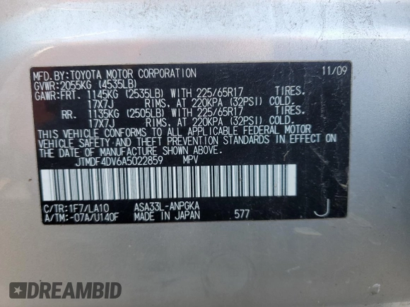 2010 Toyota RAV4 Ltd with VIN JTMDF4DV6A5022859, listed as a Copart auction lot 43718845 with 81,279 mi miles and Salvage Title. Bid and sale history available at carsss.com. Image 13.