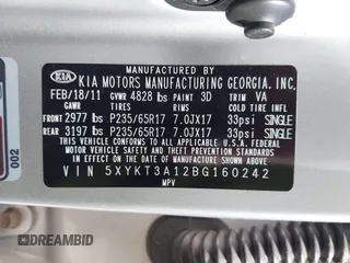 2011 Kia Sorento LX with VIN 5XYKT3A12BG160242, listed as a IAAI auction lot 42220874 with 142,298 mi miles and . Bid and sale history available at carsss.com. Image 9.