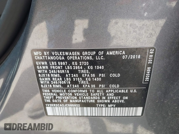 2018 Volkswagen Atlas SE with VIN 1V2KR2CA2JC585922, listed as a IAAI auction lot 42488658 with 105,878 mi miles and . Bid and sale history available at DreamBid. Image 9.