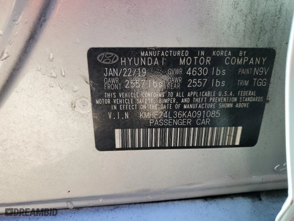 2019 Hyundai Sonata Hybrid SE with VIN KMHE24L36KA091085, listed as a Copart auction lot 41647315 with 100,187 mi miles and Non Repairable. Bid and sale history available at carsss.com. Image 13.