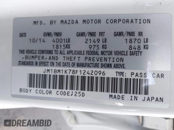 2015 Mazda 3 i Sport with VIN JM1BM1K78F1242096, listed as a IAAI auction lot 41447819 with 91,738 mi miles and . Bid and sale history available at DreamBid. Image 9.